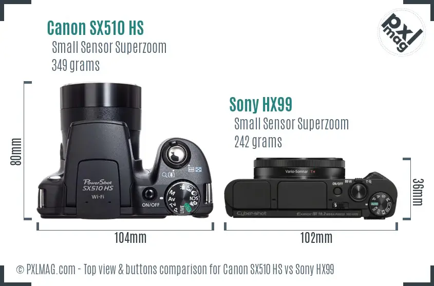 Canon SX510 HS vs Sony HX99 top view buttons comparison
