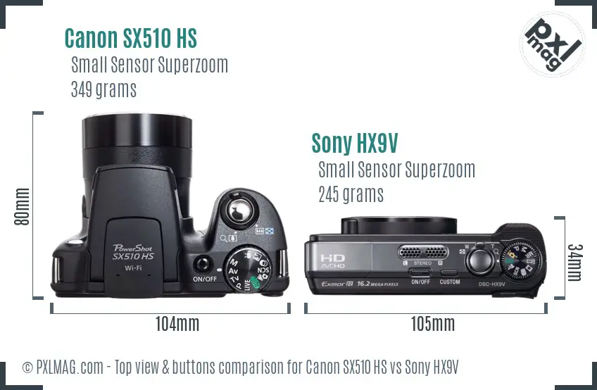 Canon SX510 HS vs Sony HX9V top view buttons comparison Canon SX510 HS vs Sony HX9V top view buttons comparison