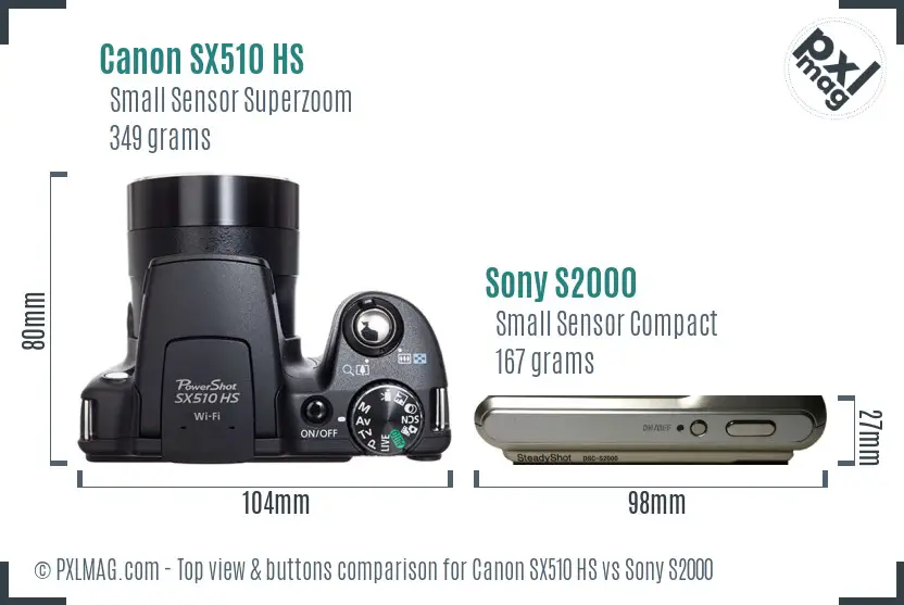 Canon SX510 HS vs Sony S2000 top view buttons comparison