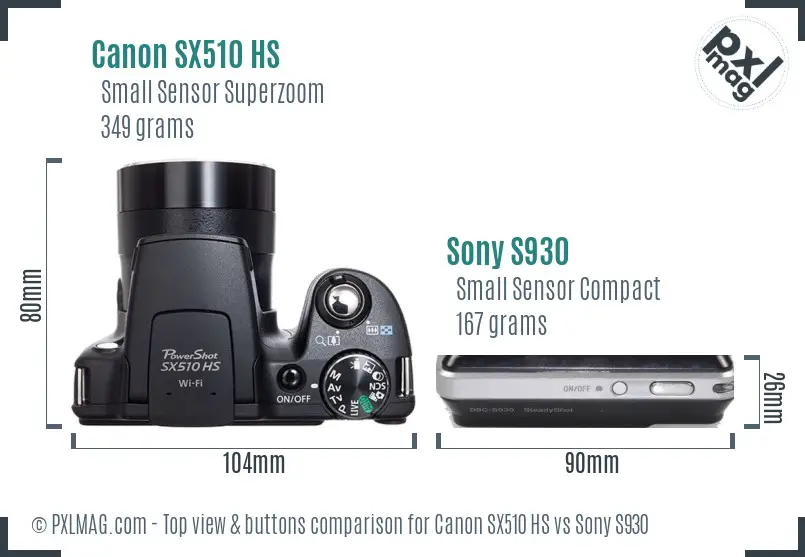Canon SX510 HS vs Sony S930 top view buttons comparison