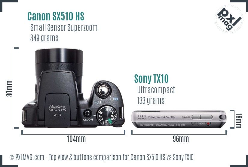Canon SX510 HS vs Sony TX10 top view buttons comparison