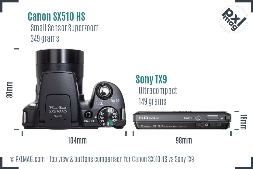 Canon SX510 HS vs Sony TX9 top view buttons comparison