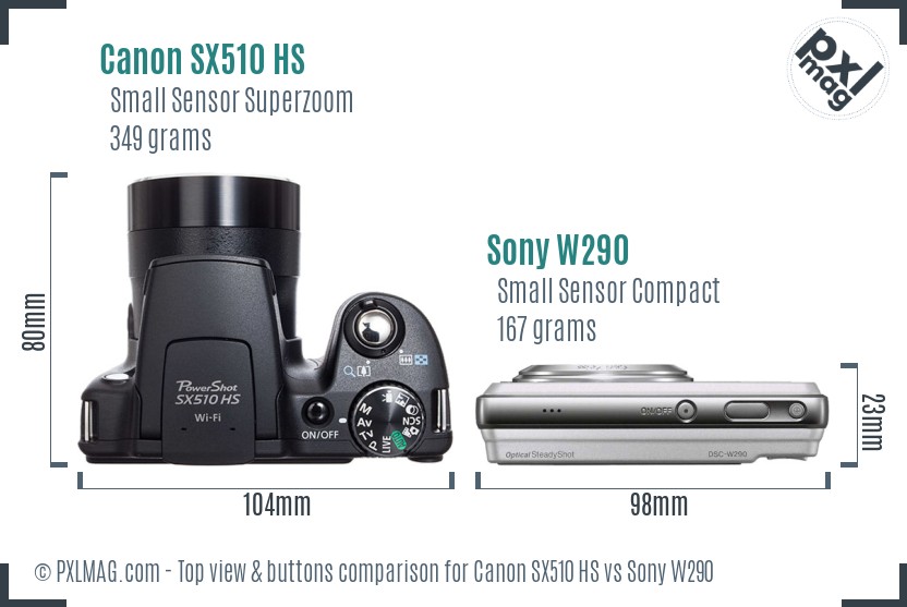 Canon SX510 HS vs Sony W290 top view buttons comparison