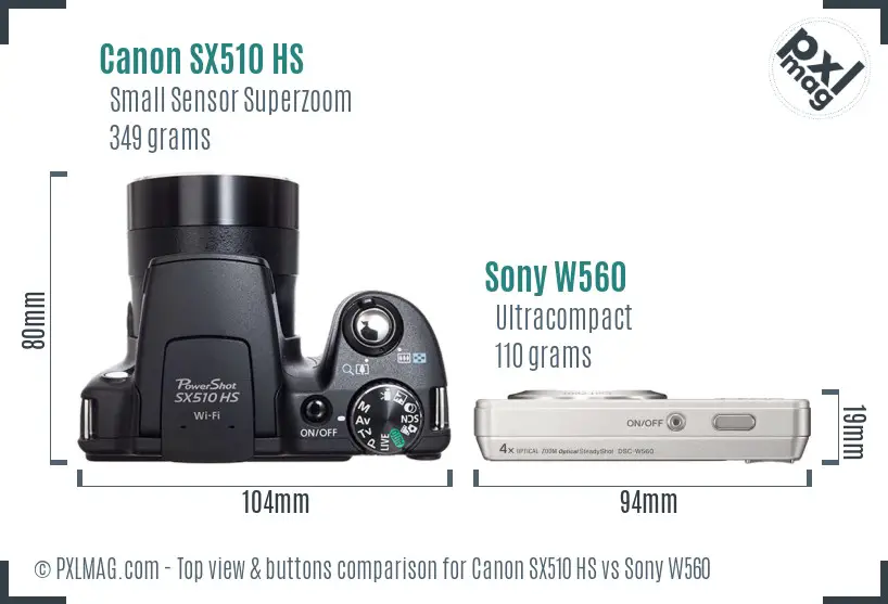 Canon SX510 HS vs Sony W560 top view buttons comparison Canon SX510 HS vs Sony W560 top view buttons comparison