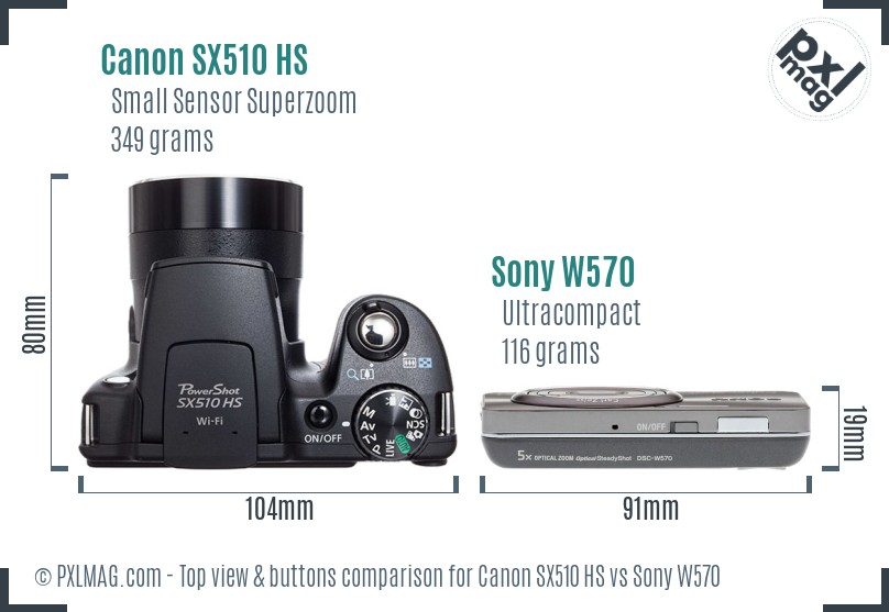 Canon SX510 HS vs Sony W570 top view buttons comparison