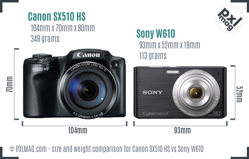 Canon SX510 HS vs Sony W610 size comparison
