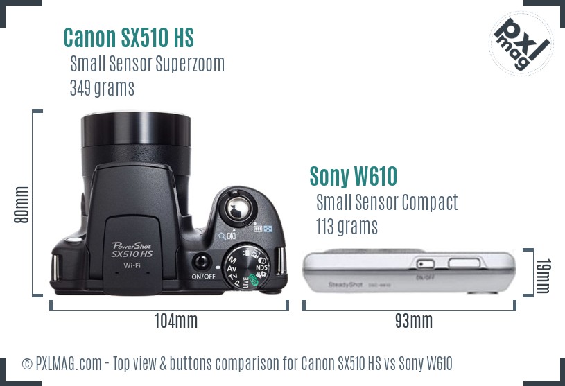 Canon SX510 HS vs Sony W610 top view buttons comparison