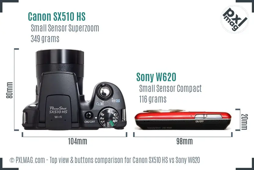 Canon SX510 HS vs Sony W620 top view buttons comparison Canon SX510 HS vs Sony W620 top view buttons comparison