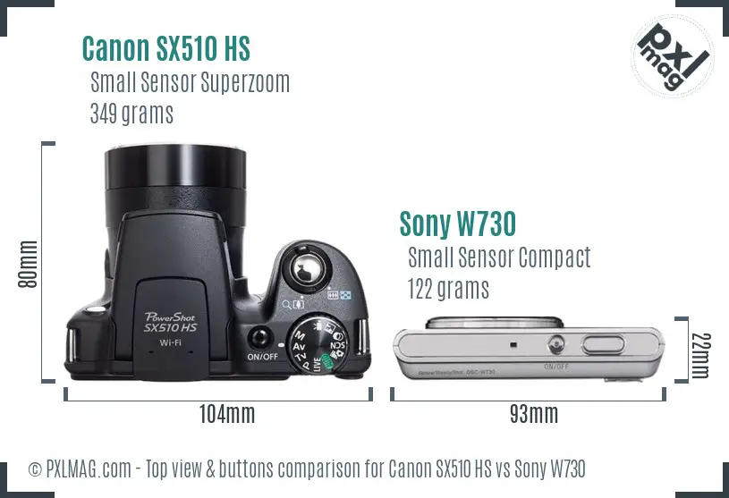 Canon SX510 HS vs Sony W730 top view buttons comparison