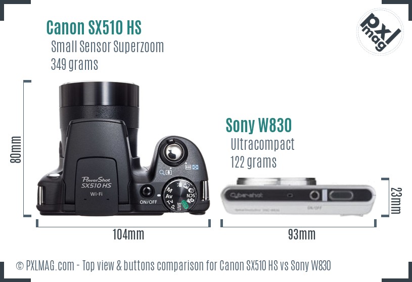 Canon SX510 HS vs Sony W830 top view buttons comparison