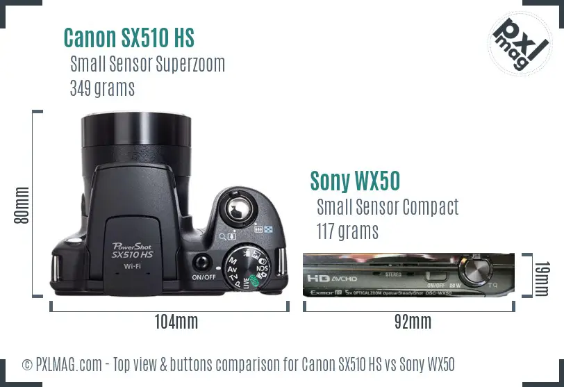 Canon SX510 HS vs Sony WX50 top view buttons comparison Canon SX510 HS vs Sony WX50 top view buttons comparison
