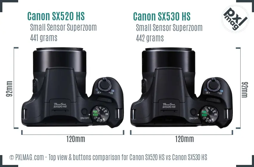 Canon SX520 HS vs Canon SX530 HS top view buttons comparison