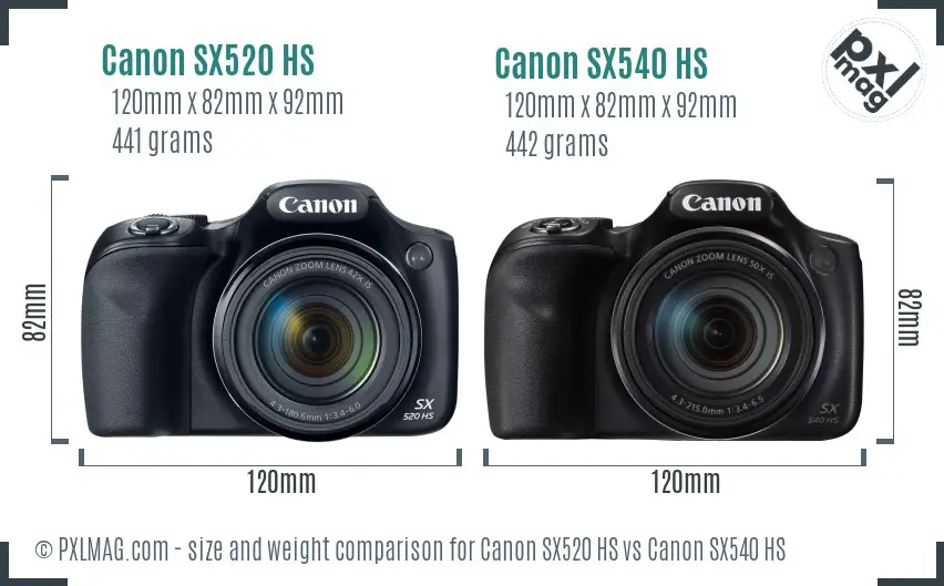 Canon SX520 HS vs Canon SX540 HS size comparison