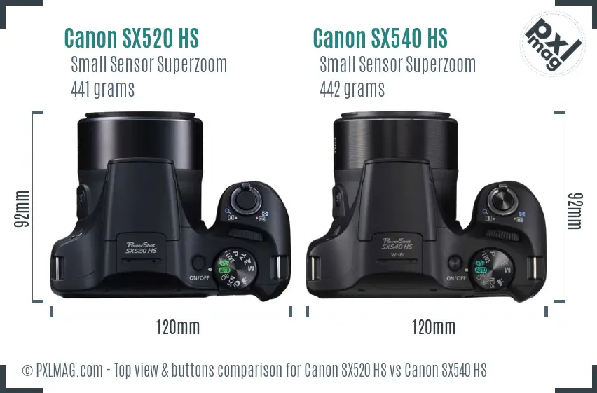 Canon SX520 HS vs Canon SX540 HS top view buttons comparison