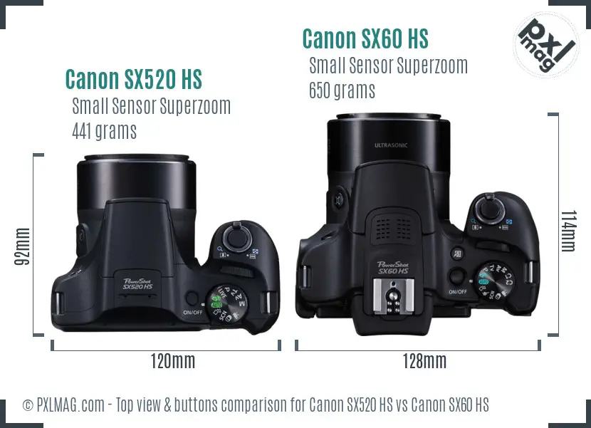 Canon SX520 HS vs Canon SX60 HS top view buttons comparison