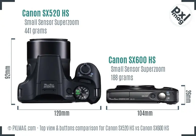 Canon SX520 HS vs Canon SX600 HS top view buttons comparison