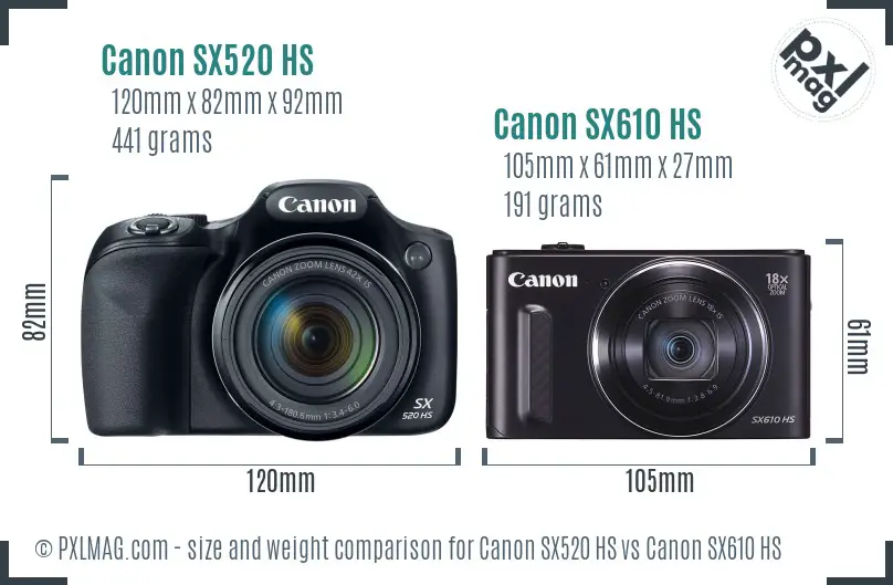 Canon SX520 HS vs Canon SX610 HS size comparison