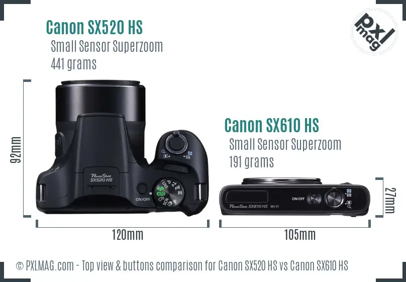 Canon SX520 HS vs Canon SX610 HS top view buttons comparison