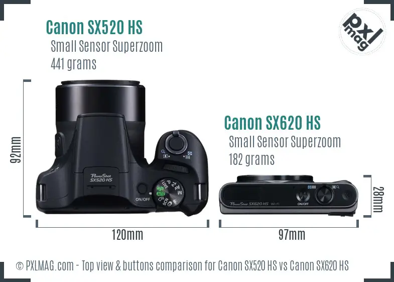 Canon SX520 HS vs Canon SX620 HS top view buttons comparison