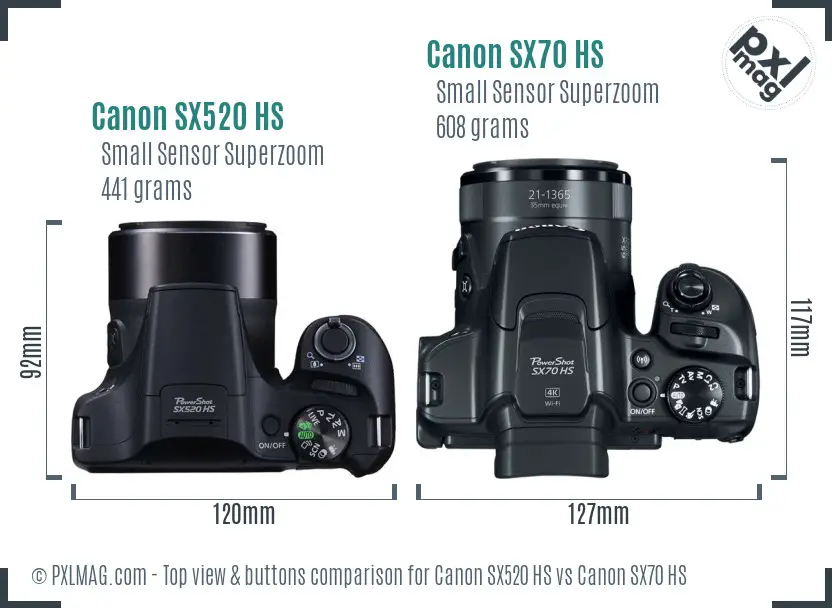 Canon SX520 HS vs Canon SX70 HS top view buttons comparison