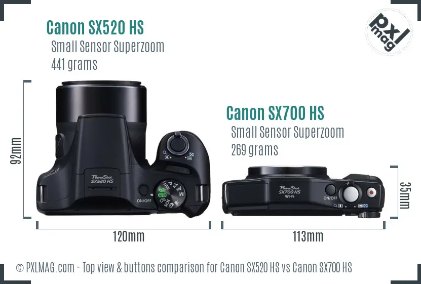 Canon SX520 HS vs Canon SX700 HS top view buttons comparison