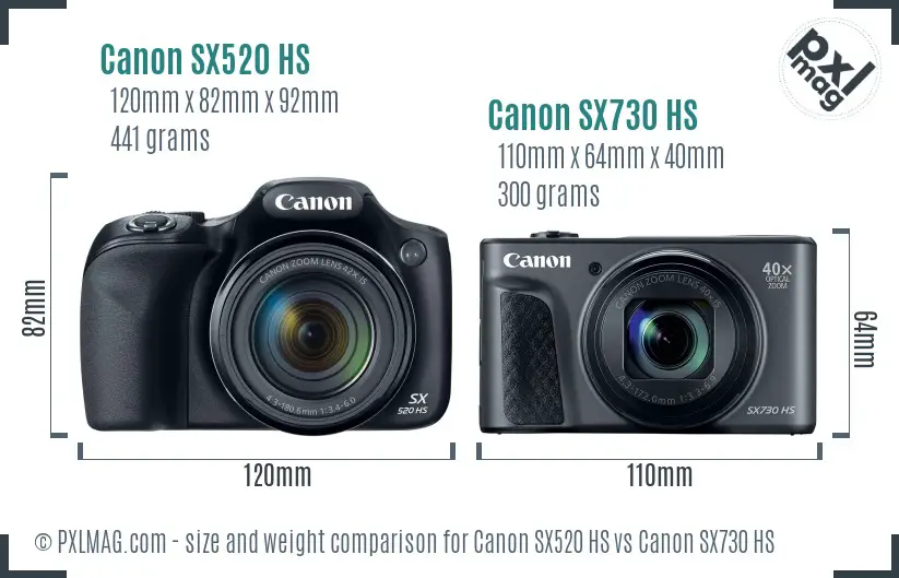 Canon SX520 HS vs Canon SX730 HS size comparison
