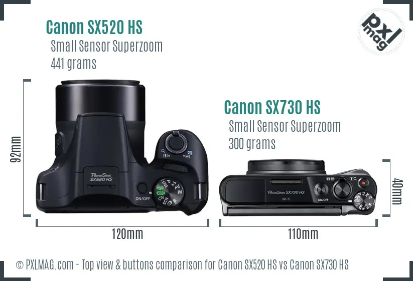 Canon SX520 HS vs Canon SX730 HS top view buttons comparison