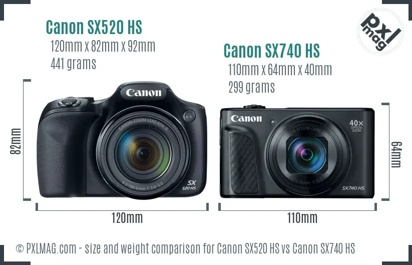 Canon SX520 HS vs Canon SX740 HS size comparison