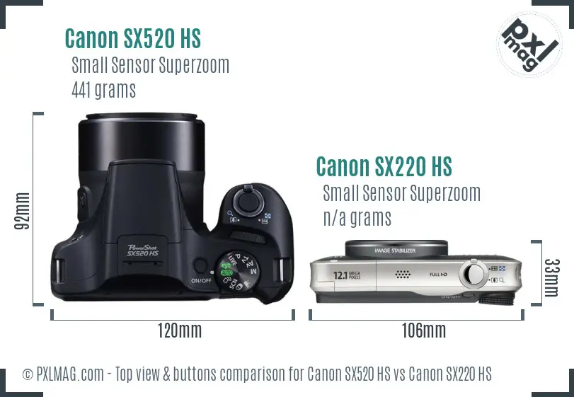 Canon SX520 HS vs Canon SX220 HS top view buttons comparison