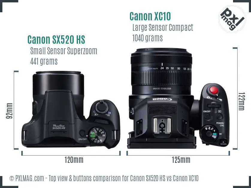 Canon SX520 HS vs Canon XC10 top view buttons comparison