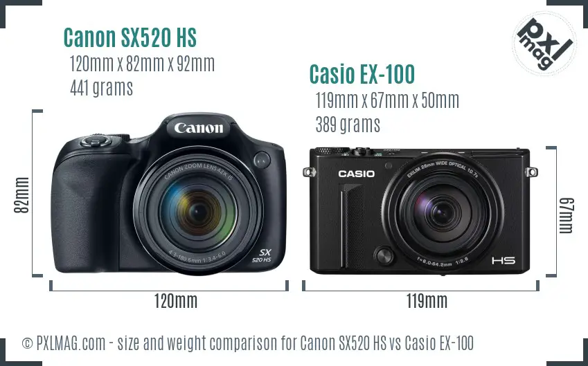 Canon SX520 HS vs Casio EX-100 size comparison