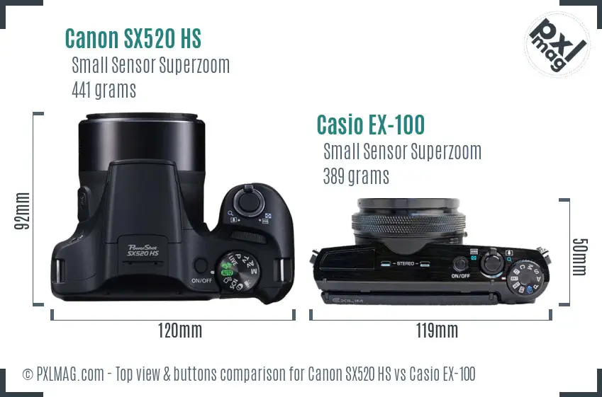 Canon SX520 HS vs Casio EX-100 top view buttons comparison