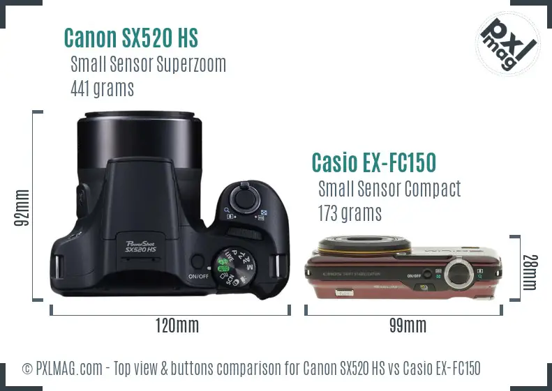 Canon SX520 HS vs Casio EX-FC150 top view buttons comparison Canon SX520 HS vs Casio EX-FC150 top view buttons comparison
