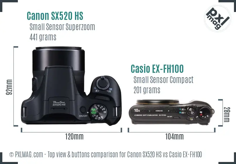 Canon SX520 HS vs Casio EX-FH100 top view buttons comparison