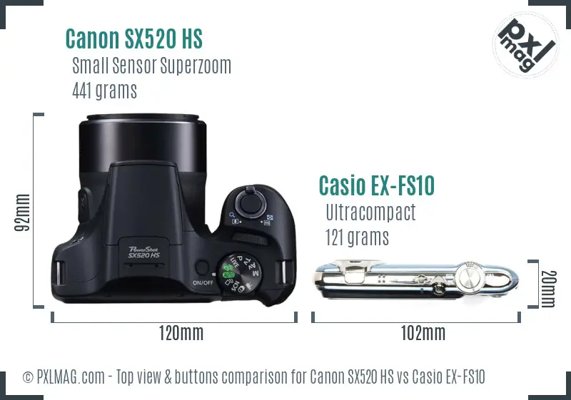 Canon SX520 HS vs Casio EX-FS10 top view buttons comparison