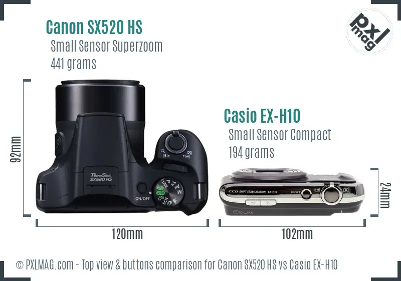 Canon SX520 HS vs Casio EX-H10 top view buttons comparison