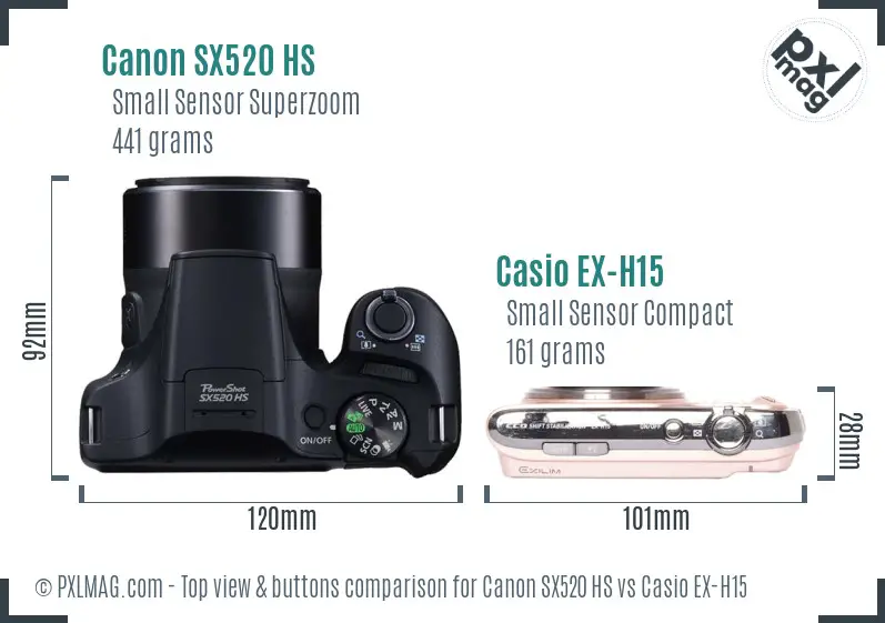 Canon SX520 HS vs Casio EX-H15 top view buttons comparison