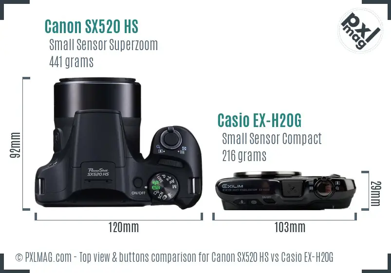 Canon SX520 HS vs Casio EX-H20G top view buttons comparison