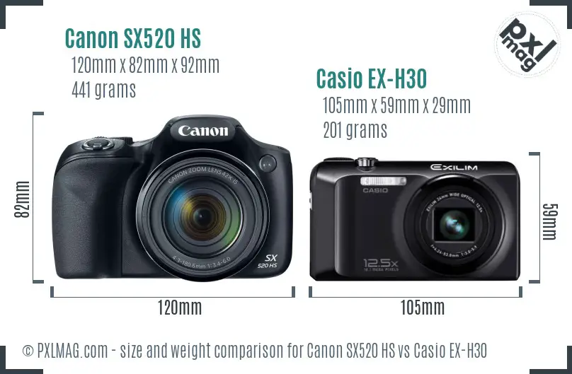 Canon SX520 HS vs Casio EX-H30 size comparison