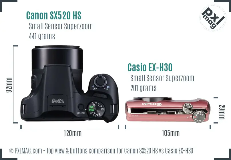 Canon SX520 HS vs Casio EX-H30 top view buttons comparison