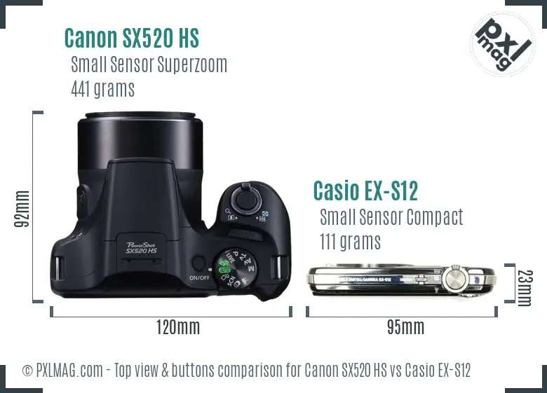 Canon SX520 HS vs Casio EX-S12 top view buttons comparison