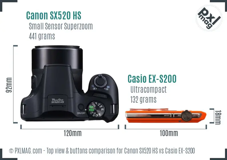 Canon SX520 HS vs Casio EX-S200 top view buttons comparison