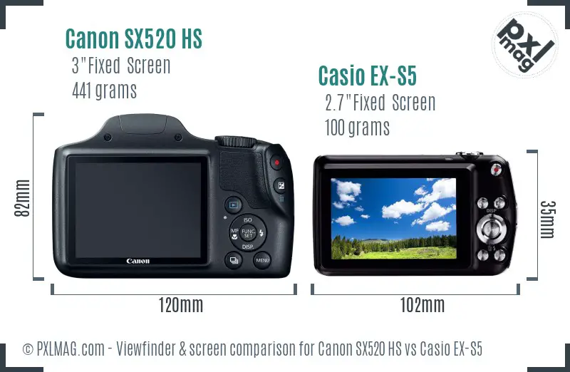 Canon SX520 HS vs Casio EX-S5 Screen and Viewfinder comparison