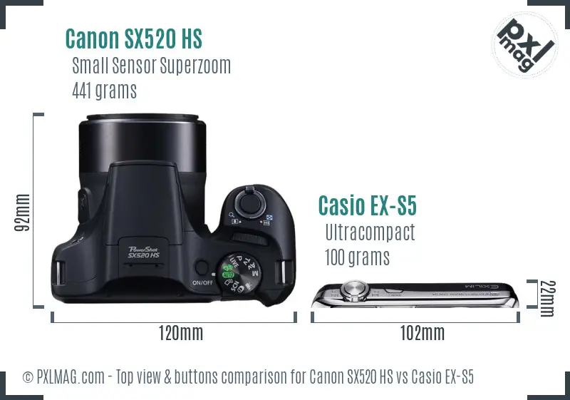 Canon SX520 HS vs Casio EX-S5 top view buttons comparison