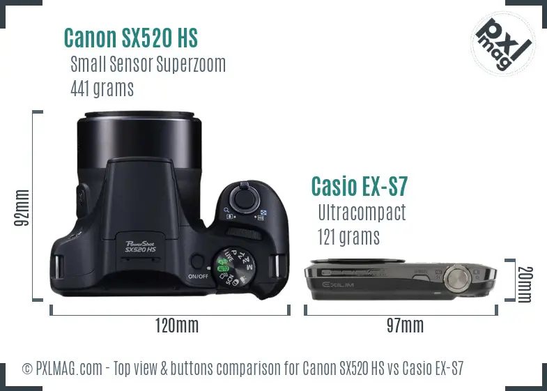 Canon SX520 HS vs Casio EX-S7 top view buttons comparison