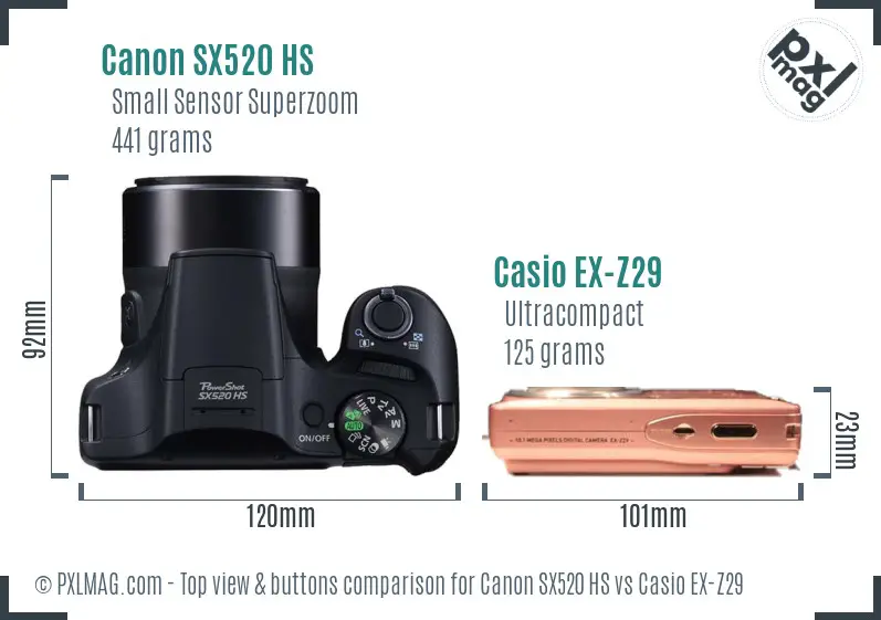 Canon SX520 HS vs Casio EX-Z29 top view buttons comparison