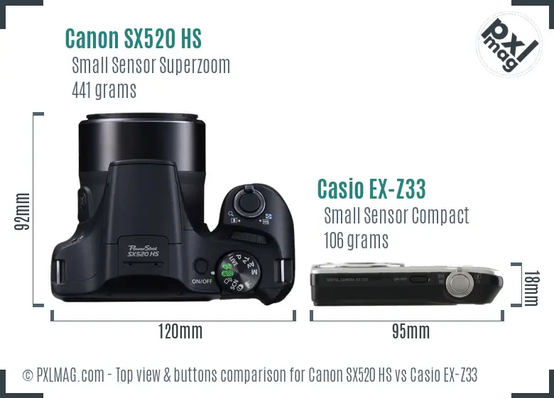 Canon SX520 HS vs Casio EX-Z33 top view buttons comparison