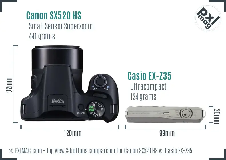 Canon SX520 HS vs Casio EX-Z35 top view buttons comparison Canon SX520 HS vs Casio EX-Z35 top view buttons comparison