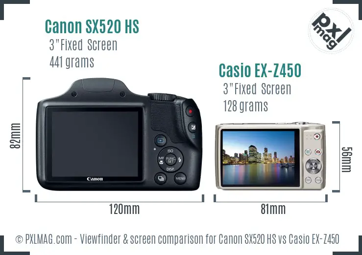 Canon SX520 HS vs Casio EX-Z450 Screen and Viewfinder comparison