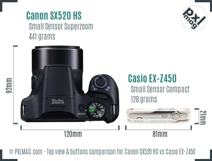 Canon SX520 HS vs Casio EX-Z450 top view buttons comparison
